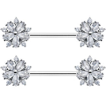 14G 9/16 Clear CZ Gem Floral Burst Barbell Nipple Ring Set