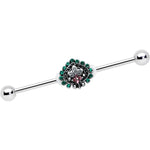 14G Pink Green Gem Stylized Leaf Industrial Barbell 38mm
