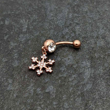 Clear Gem Rose Gold Tone Square Snowflake Holiday Dangle Belly Ring