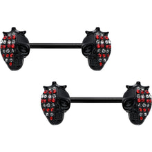 14G 9/16 Red Gem Black Skull Halloween Barbell Nipple Ring Set