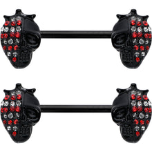 14G 9/16 Red Gem Black Skull Halloween Barbell Nipple Ring Set
