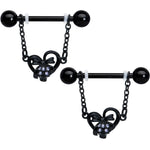 14G 9/16 Clear Gem Black Skull Bow Heart Dangle Nipple Ring Set