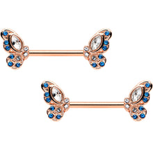 14G 9/16 Clear Blue Gem Rosy Tone Butterfly Wing Nipple Ring Set