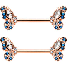 14G 9/16 Clear Blue Gem Rosy Tone Butterfly Wing Nipple Ring Set