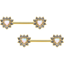 14G 9/16 White Synthetic Opal Gold Tone Sun Heart Nipple Ring Set