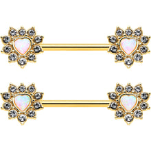 14G 9/16 White Synthetic Opal Gold Tone Sun Heart Nipple Ring Set