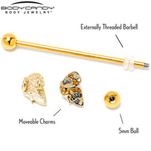 14G Orange Gem Gold Tone Butterfly Wings Industrial Barbell 38mm