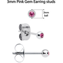 Pink Gem 3mm to 5mm Ball End Stud Earrings Set of 3