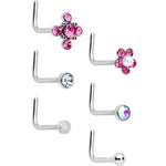 20G 1/4 Aurora Pink CZ Gem Flower L Shape Nose Ring Set of 6