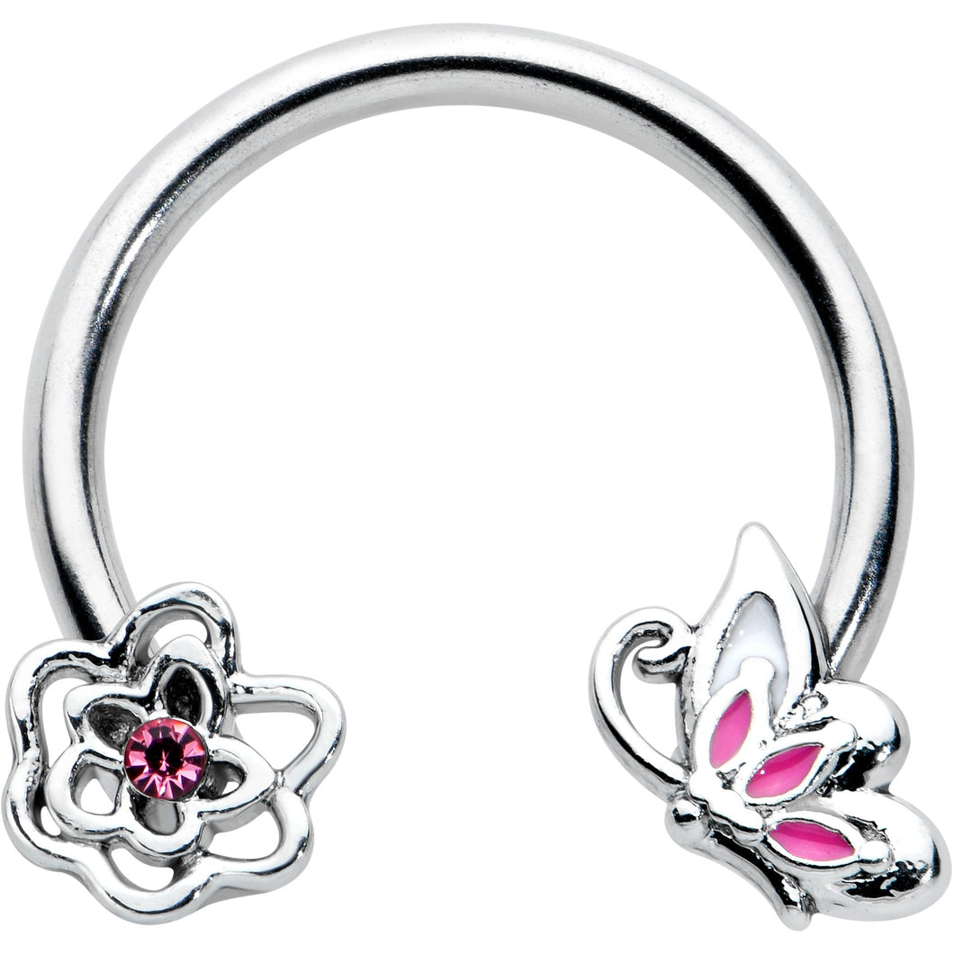 16G 3/8 Pink Butterfly Pink Gem Flower Horseshoe Circular Barbell