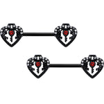 14G 9/16 Red Clear Gem Black Key Heart Barbell Nipple Ring Set