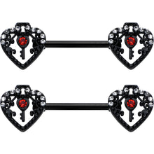 14G 9/16 Red Clear Gem Black Key Heart Barbell Nipple Ring Set