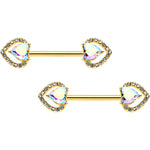 14G 9/16 Aurora Gem Gold Hue Rococo Heart Barbell Nipple Ring Set
