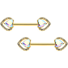 14G 9/16 Aurora Gem Gold Hue Rococo Heart Barbell Nipple Ring Set
