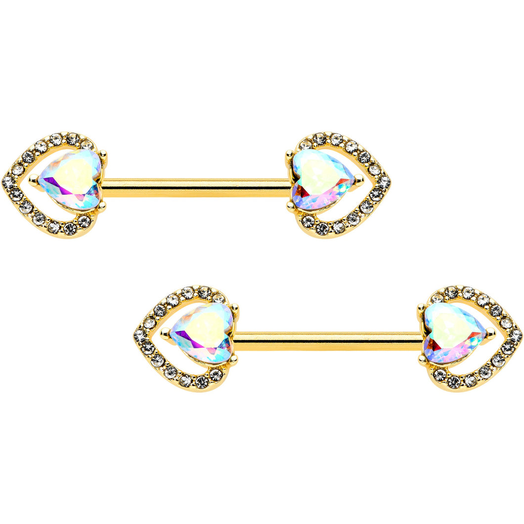14G 9/16 Aurora Gem Gold Hue Rococo Heart Barbell Nipple Ring Set