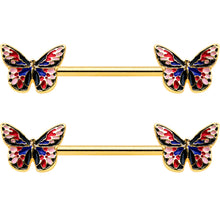 14G 5/8 Gold Tone Pink Blue Red Butterfly Barbell Nipple Ring Set