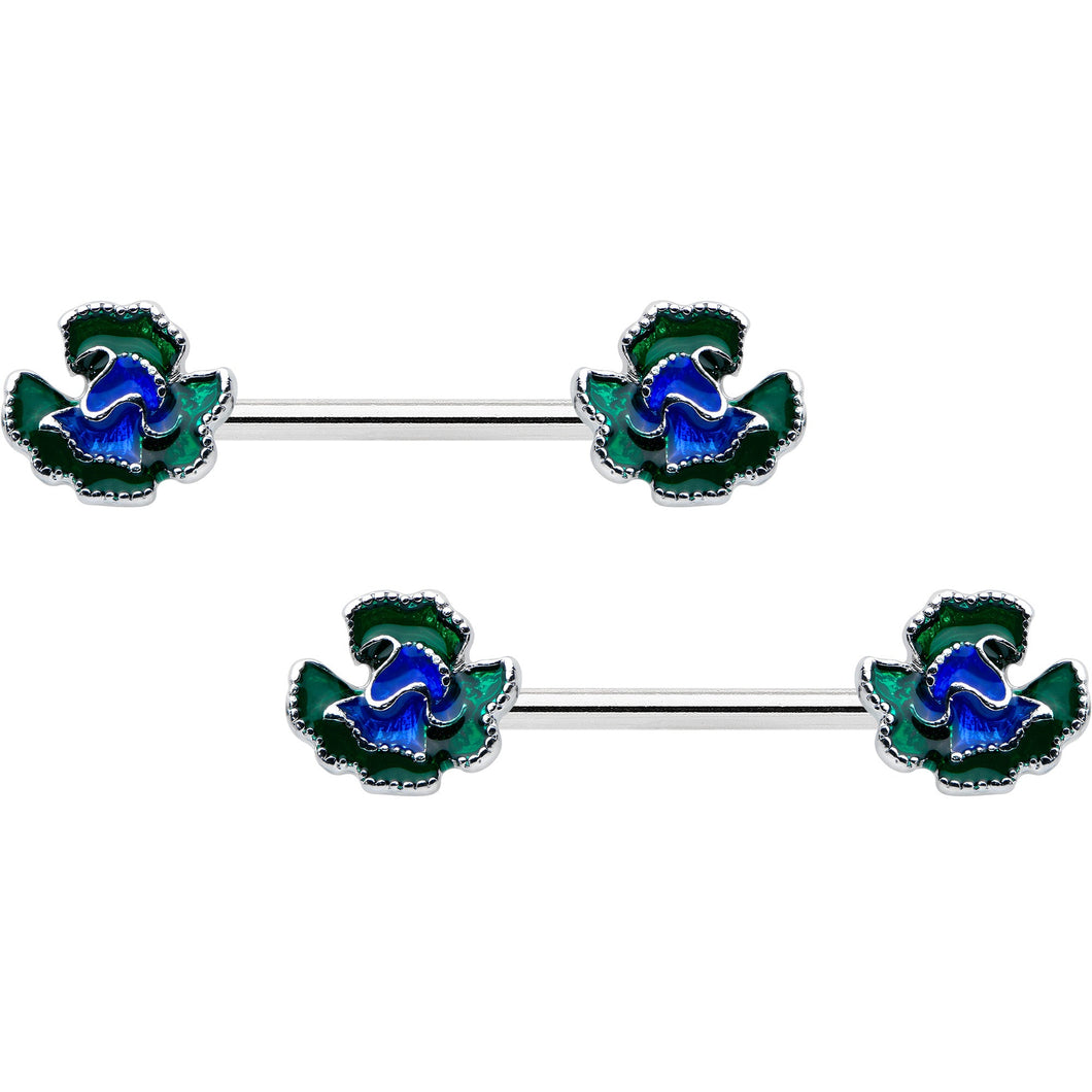 14G 9/16 Spring Flower Blue Green Barbell Nipple Ring Set