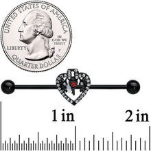 14G Clear Red Gem Black Key Heart Industrial Barbell 38mm
