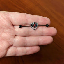 14G Clear Red Gem Black Key Heart Industrial Barbell 38mm