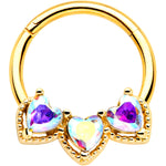 16G 3/8 Aurora Gem Gold Hue Rococo Trio Heart Hinged Segment Ring