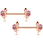14G 9/16  Pink Gem Rose Gold Hue Fashion Flamingo Nipple Ring Set