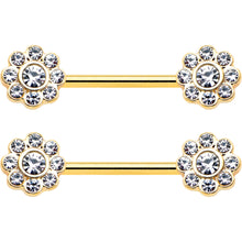 14G 9/16 Clear Gem Gold Tone Whimsy Flower Barbell Nipple Ring Set