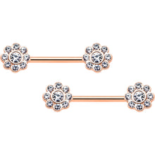 14G 9/16 Clear Gem Rosy Tone Whimsy Flower Barbell Nipple Ring Set