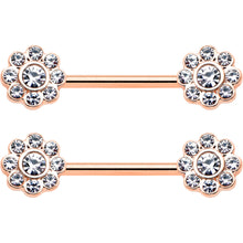 14G 9/16 Clear Gem Rosy Tone Whimsy Flower Barbell Nipple Ring Set