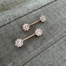 14G 9/16 Clear Gem Rosy Tone Whimsy Flower Barbell Nipple Ring Set