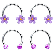 16G 3/8 Purple Ball Flowers Horseshoe Circular Barbell Set of 4