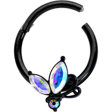 16G 3/8 Aurora CZ Gem Black Fleur de Lis Butterfly Hinged Segment Ring