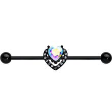 14G Aurora Clear Gem Black Rococo Heart Industrial Barbell 38mm