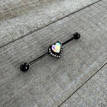 14G Aurora Clear Gem Black Rococo Heart Industrial Barbell 38mm