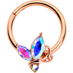 16G 3/8 Aurora CZ Gem Rosy Tone Fleur de Lis Butterfly Hinged Segment Ring