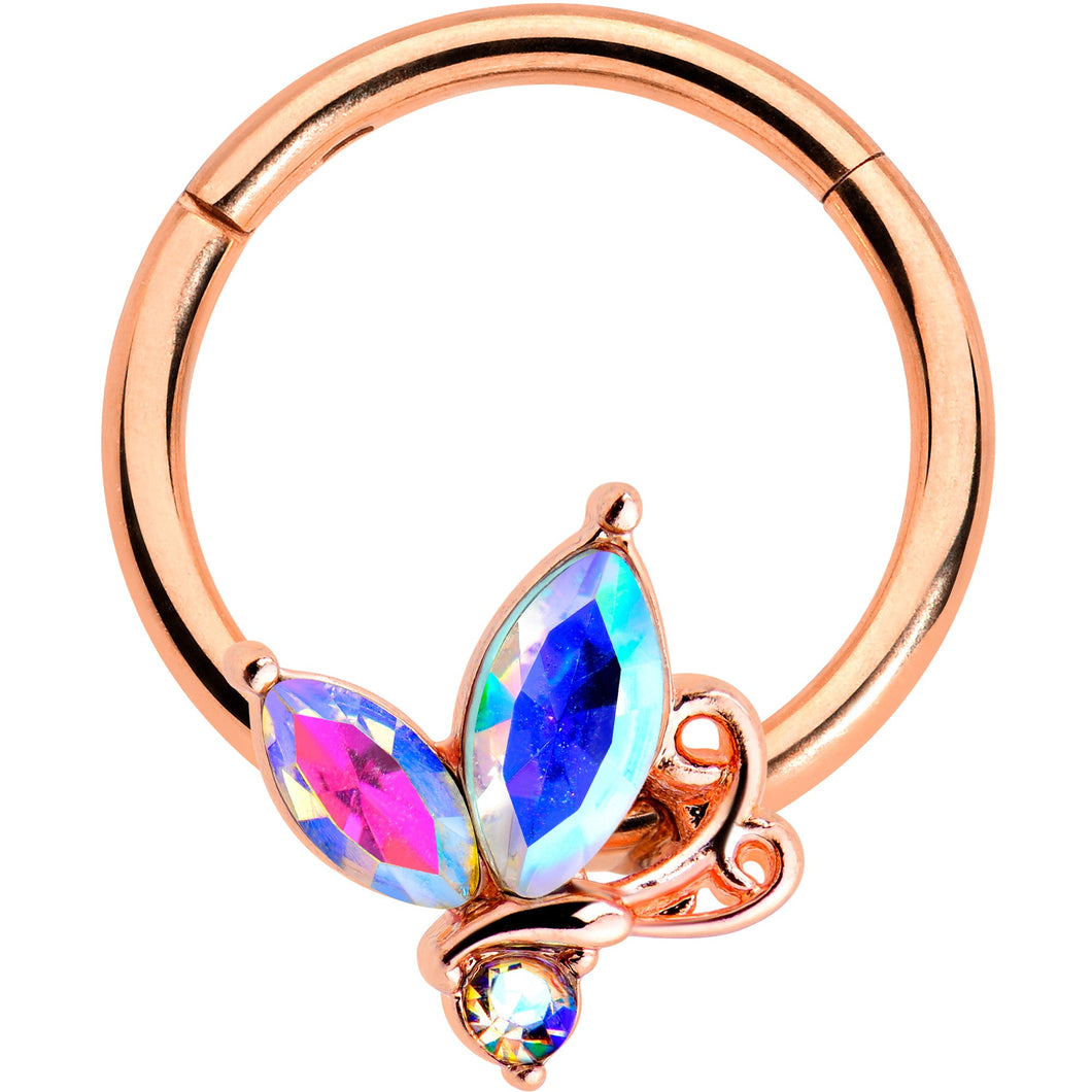 16G 3/8 Aurora CZ Gem Rosy Tone Fleur de Lis Butterfly Hinged Segment Ring