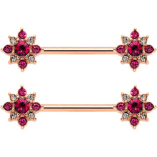 14G Red Gem Rose Gold Tone Rococo Star Barbell Nipple Ring Set