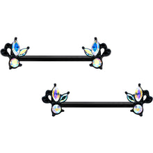 14G 19mm Aurora CZ Gem Black Fleur de Lis Butterfly Barbell Nipple Ring Set