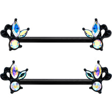 14G 19mm Aurora CZ Gem Black Fleur de Lis Butterfly Barbell Nipple Ring Set