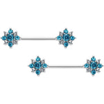 14G 9/16 Clear Blue Gem Opulent Flower Barbell Nipple Ring Set