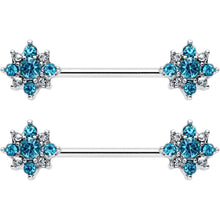 14G 9/16 Clear Blue Gem Opulent Flower Barbell Nipple Ring Set