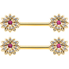 14G 9/16 Clear Pink Gem Gold Tone Starry Flower Nipple Ring Set