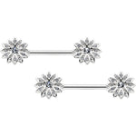 14G 9/16 Clear Gem Rococo Starry Flower Barbell Nipple Ring Set