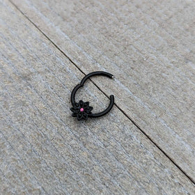 16G 3/8 Pink Gem Black Starry Flower Hinged Segment Ring
