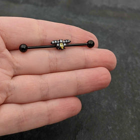 14G Yellow Clear Gem Black Butterfly Industrial Barbell 38mm