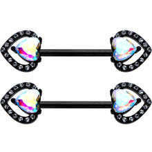 14 G 9/16 Aurora Gem Black Rococo Heart Barbell Nipple Ring Set