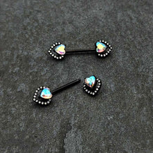 14 G 9/16 Aurora Gem Black Rococo Heart Barbell Nipple Ring Set