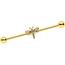 14G Clear Gem Gold Tone Flying Dragonfly Industrial Barbell 38mm