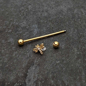 14G Clear Gem Gold Tone Flying Dragonfly Industrial Barbell 38mm