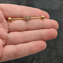 14G Clear Gem Gold Tone Flying Dragonfly Industrial Barbell 38mm