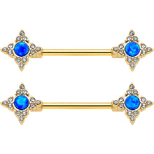 14G 9/16 Blue Synthetic Opal Gold Tone Rhombus Nipple Ring Set